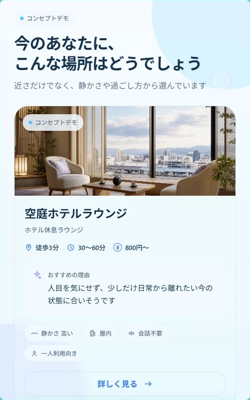 今の自分に合いそうな場所の候補を表示する固定サンプルのコンセプトデモ画面